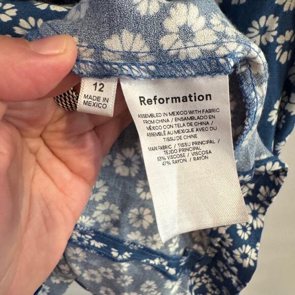 Reformation Presley Mini Dress Blue Floral Tie Strap Smocked Back Zip Sz 12 - Picture 4 of 7